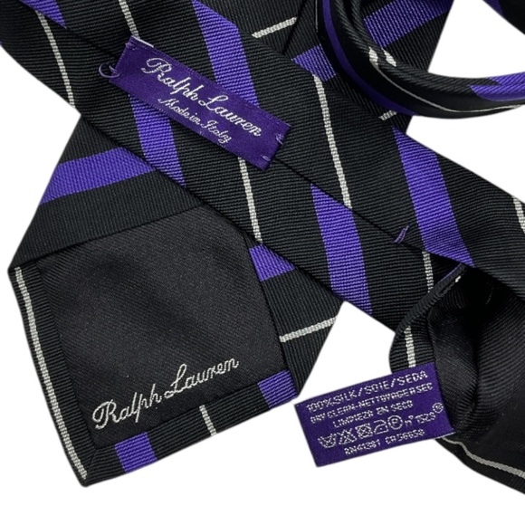 RALPH LAUREN PURPLE LABEL Black/Purple Striped Silk LUXURY Tie HANDMADE ITALY - Picture 4 of 6